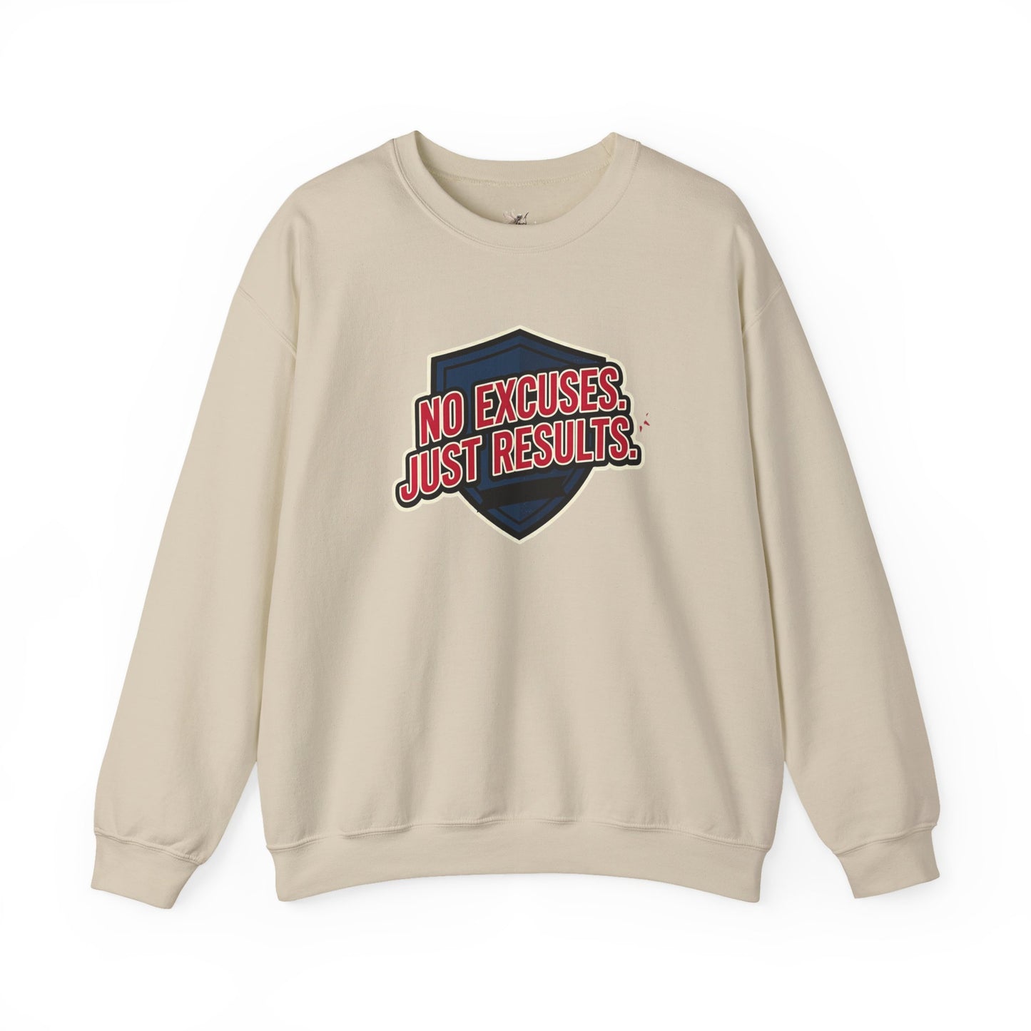 No Excuses Just Results Sweatshirt | Motivational Shield Design