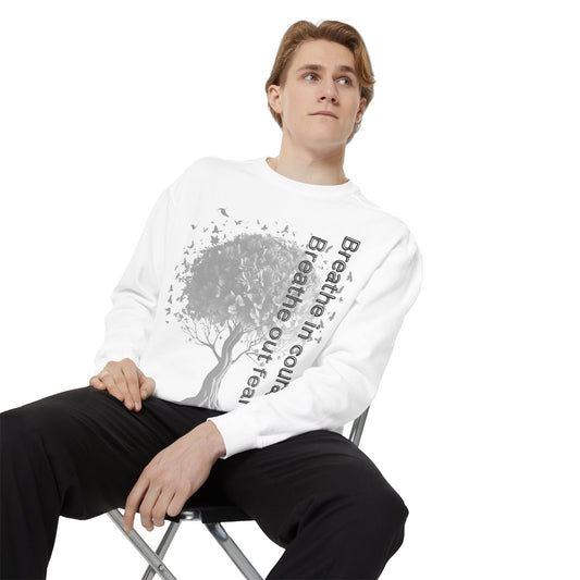 Inspirational Sweatshirt, Cozy Garment-Dyed Sweater, Gift for Nature Lovers, Motivational Apparel, Breathe Design Hoodie, Relaxed Fit Layer