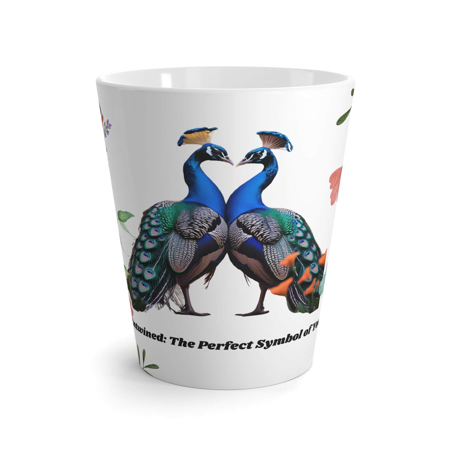Peacock Love Latte Mug | Unique Coffee Cup for Couples, Wedding Gift Idea, Floral Design, Nature Lover's Gift, Home & Kitchen Decor