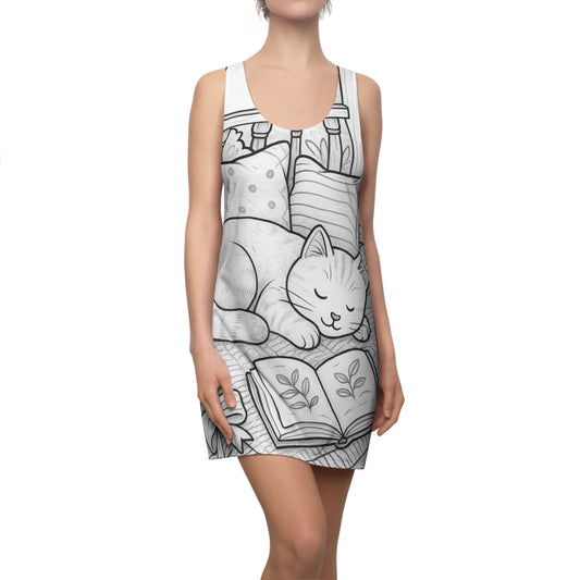 Cat Nap Women's Racerback Dress, Cute Cat Dress, Animal Lover Outfit, Cozy Casual Wear, Gift for Cat Lovers