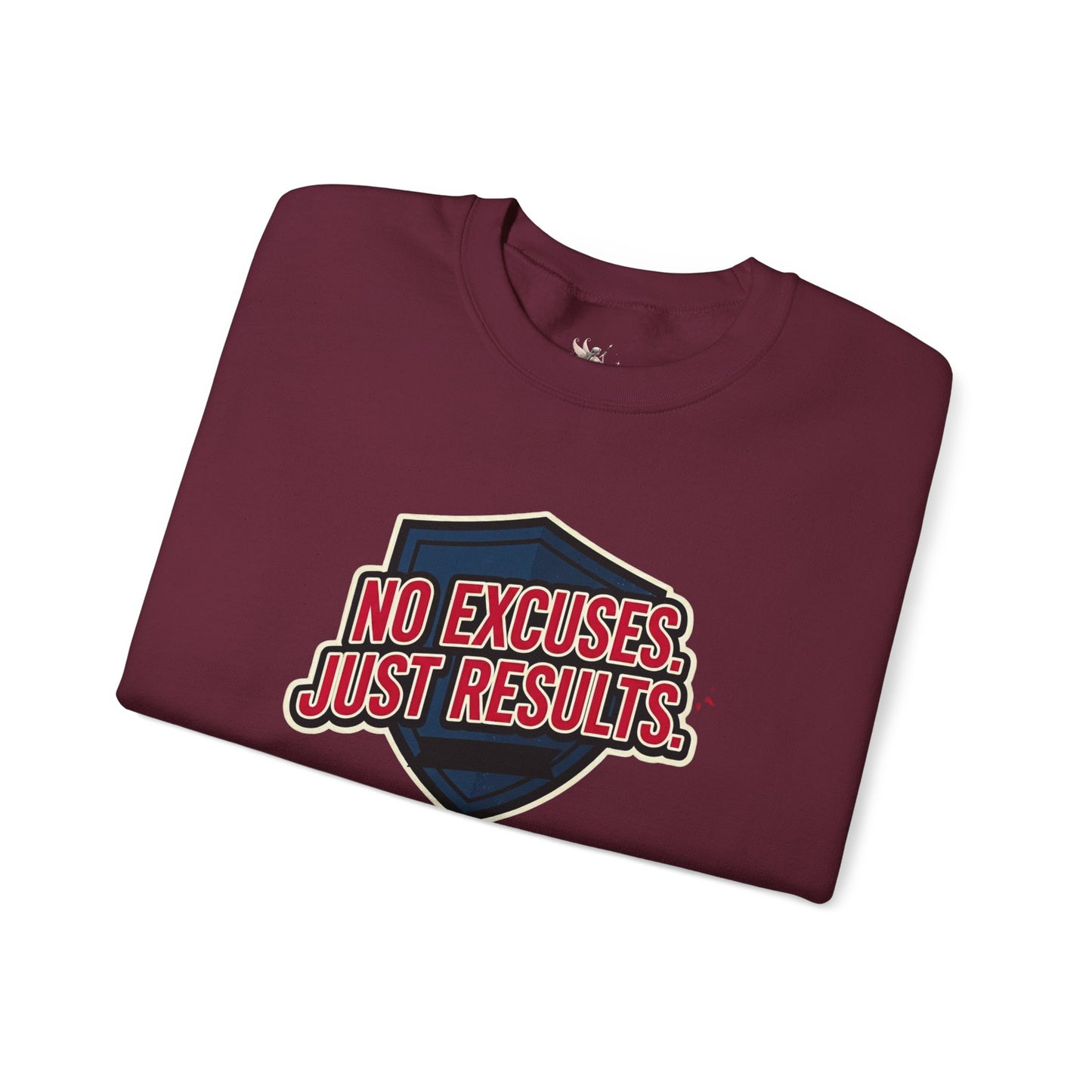 No Excuses Just Results Sweatshirt | Motivational Shield Design