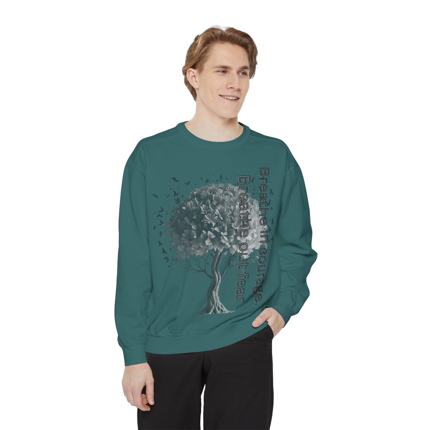 Inspirational Sweatshirt, Cozy Garment-Dyed Sweater, Gift for Nature Lovers, Motivational Apparel, Breathe Design Hoodie, Relaxed Fit Layer