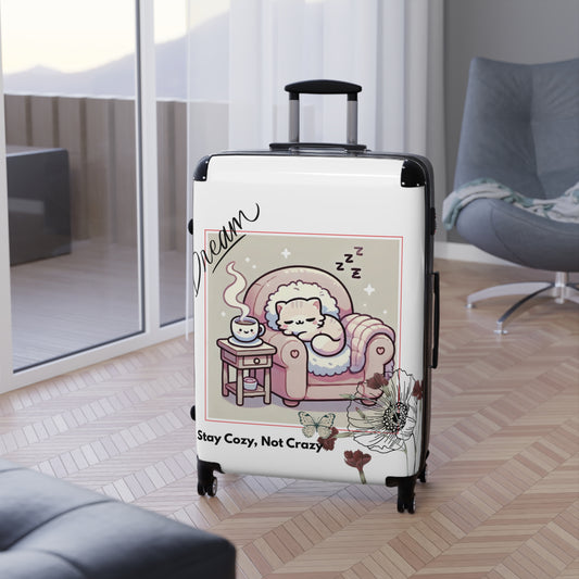 Cozy Cat Suitcase, Adorable Travel Luggage, Vacation Gear, Gift for Pet Lovers, Stay Cozy Not Crazy Design
