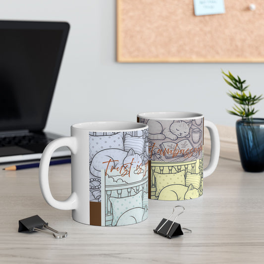 Cozy Home Ceramic Mug, Cat Lovers Gift, Floral Design Coffee Cup, Cute Tea Mug, Unique Kitchenware, Gift for Cat Moms
