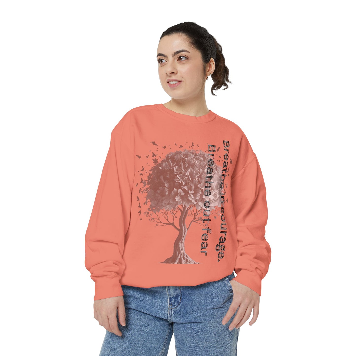 Inspirational Sweatshirt, Cozy Garment-Dyed Sweater, Gift for Nature Lovers, Motivational Apparel, Breathe Design Hoodie, Relaxed Fit Layer