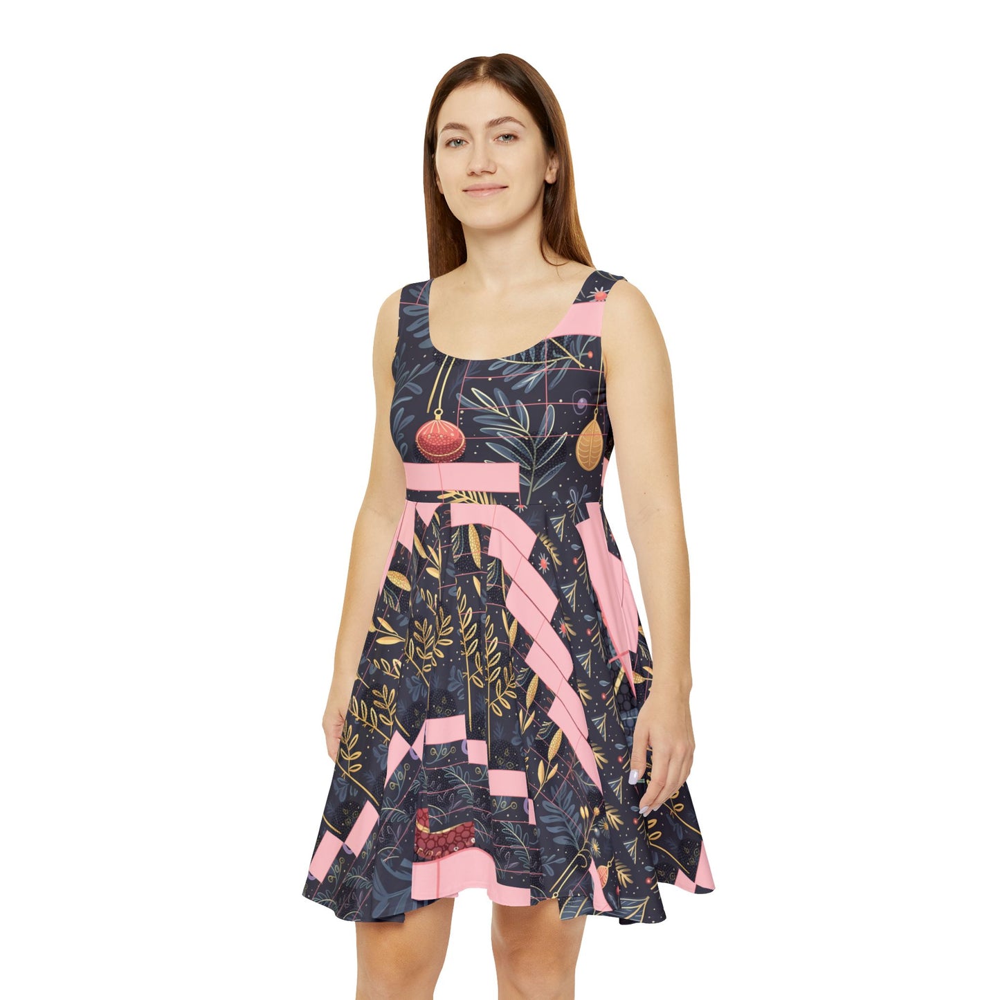 Whimsical Holiday Women's Skater Dress, Christmas Party Dress, Festive Floral Dress, AOP Dress, Holiday Outfits