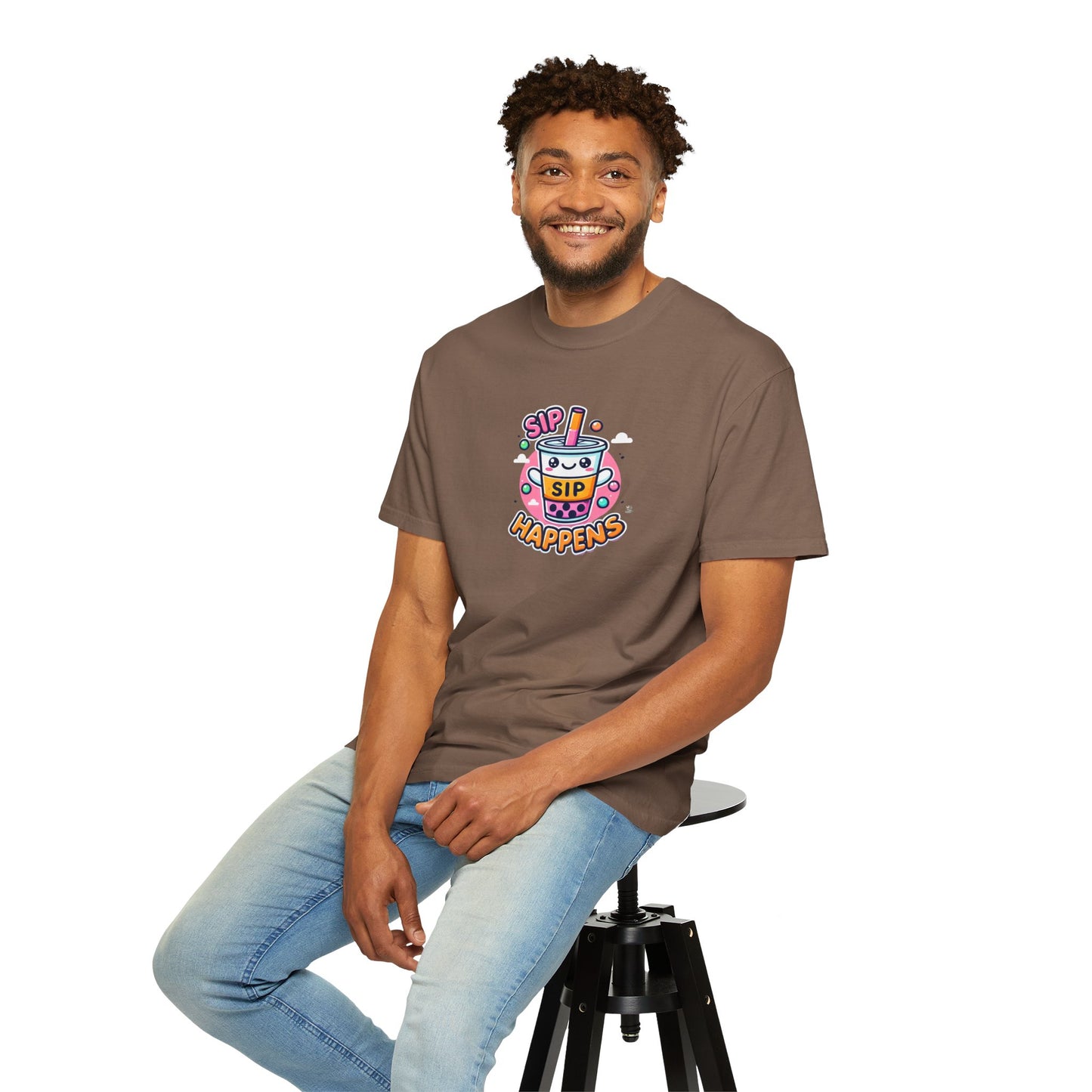 Kawaii Sip Happens T-Shirt, Cute Graphic Tee for Bubble Tea Lovers, Fun Casual Wear, Gift for Boba Tea Fans, Quirky Everyday Style