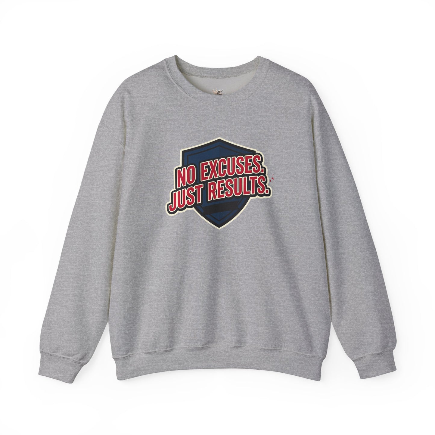 No Excuses Just Results Sweatshirt | Motivational Shield Design