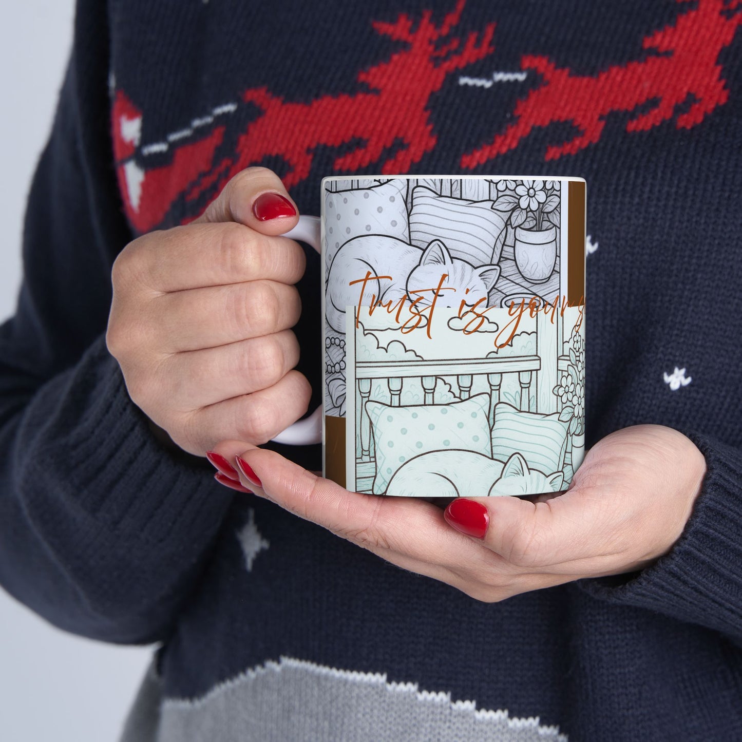 Cozy Home Ceramic Mug, Cat Lovers Gift, Floral Design Coffee Cup, Cute Tea Mug, Unique Kitchenware, Gift for Cat Moms