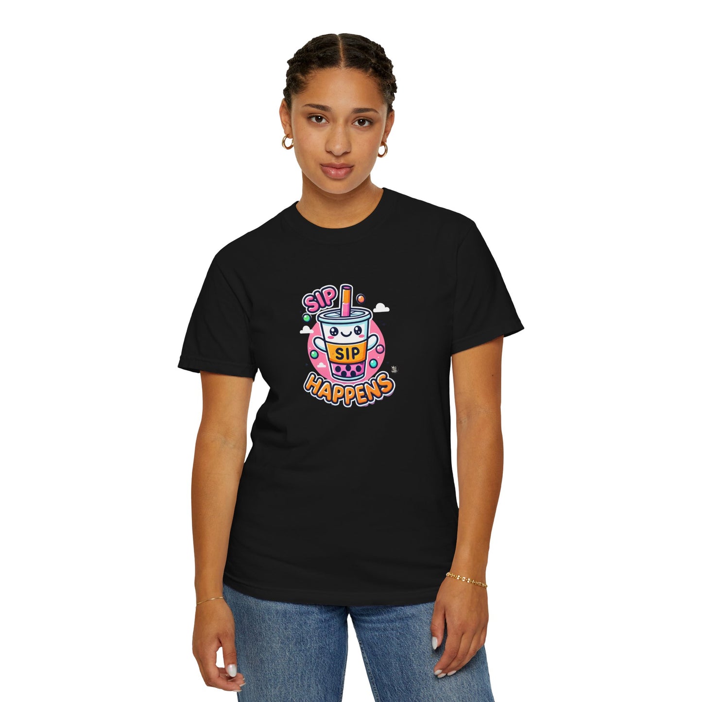 Kawaii Sip Happens T-Shirt, Cute Graphic Tee for Bubble Tea Lovers, Fun Casual Wear, Gift for Boba Tea Fans, Quirky Everyday Style