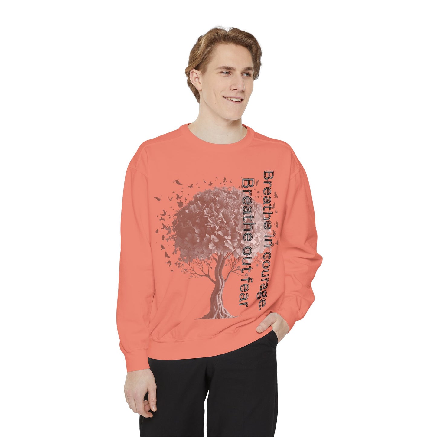 Inspirational Sweatshirt, Cozy Garment-Dyed Sweater, Gift for Nature Lovers, Motivational Apparel, Breathe Design Hoodie, Relaxed Fit Layer