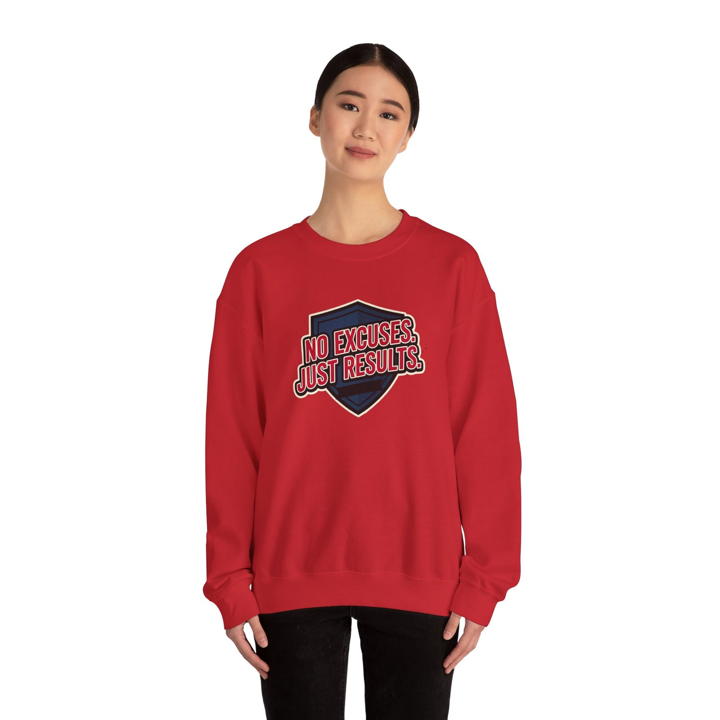 No Excuses Just Results Sweatshirt | Motivational Shield Design