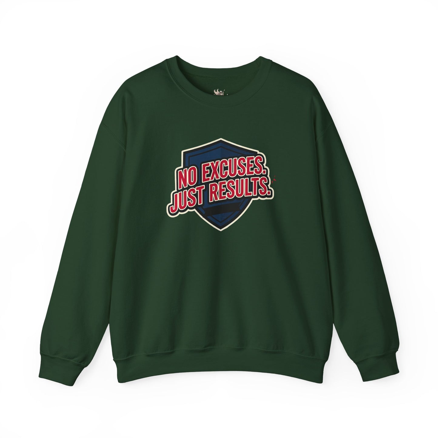 No Excuses Just Results Sweatshirt | Motivational Shield Design