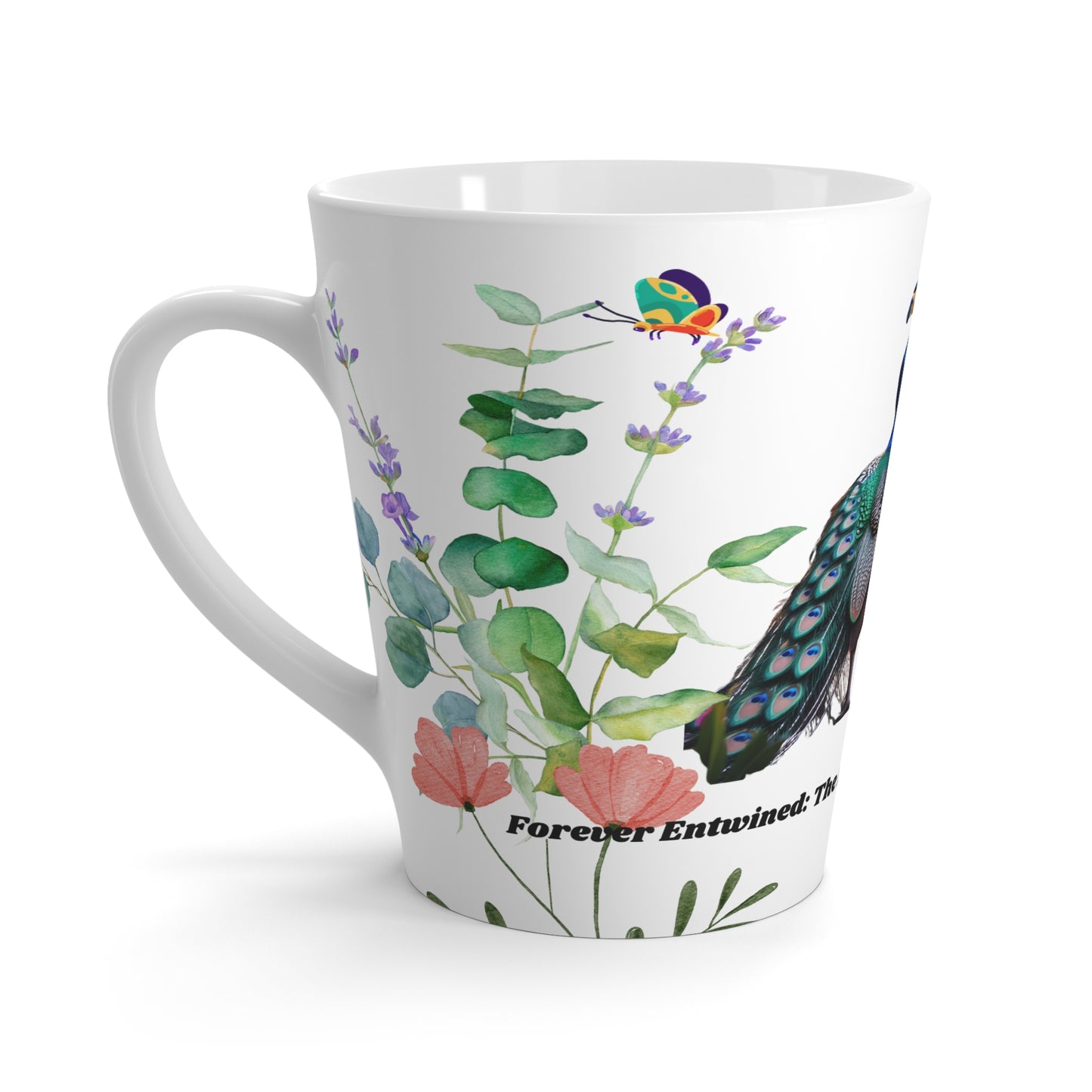 Peacock Love Latte Mug | Unique Coffee Cup for Couples, Wedding Gift Idea, Floral Design, Nature Lover's Gift, Home & Kitchen Decor